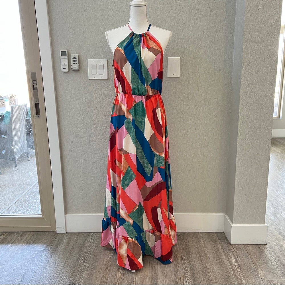 Summer Maxi Dress, Patchwork Print Ruffle Hem Halter Dress